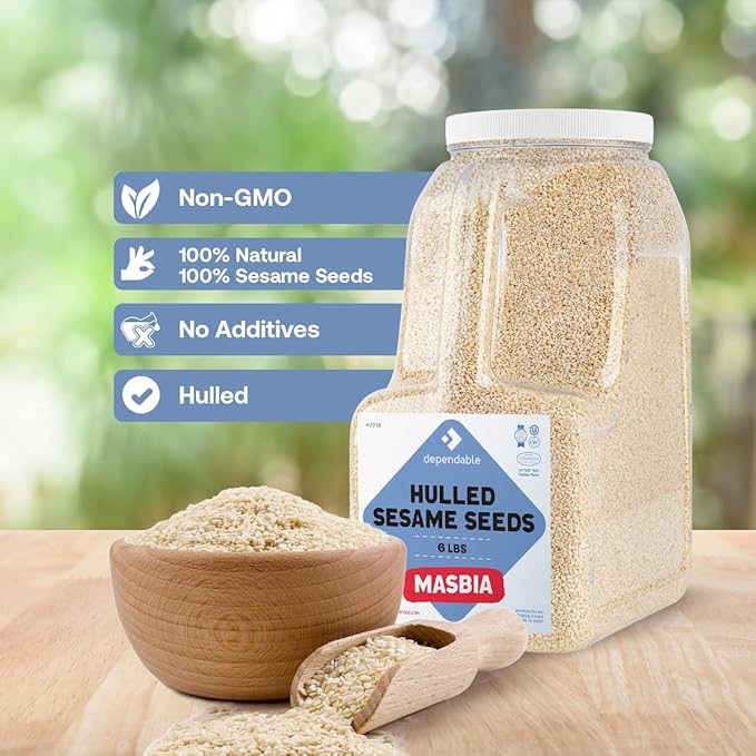 Dependable Food Hulled Sesame Seeds - 6 LB. Jar - Kosher, Raw, White Sesame Seeds Bulk - Great for Tahini - Ideal for Chefs, Restaurants & Culinary Enthusiasts - Non GMO- Natural Sesame Seed
