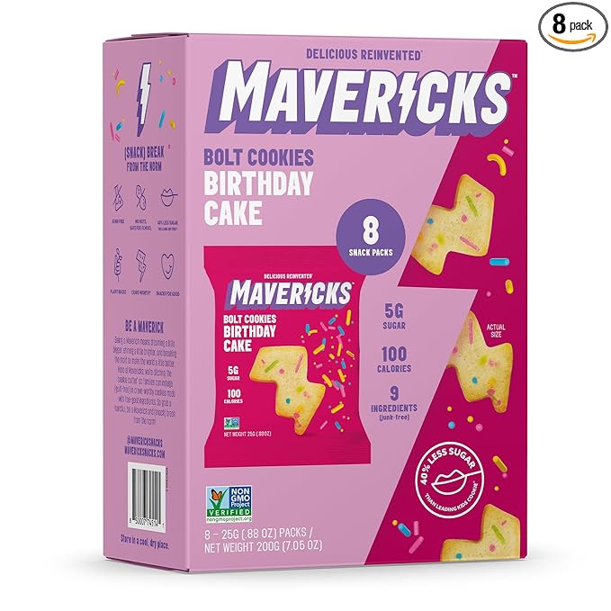 Mavericks Birthday Cake Bolt Cookies - Plant-Based Birthday Cake Confetti Cookies, Nut-Free, Plant-Based Dessert for Kids - 1 Box (8 Snack Packs)