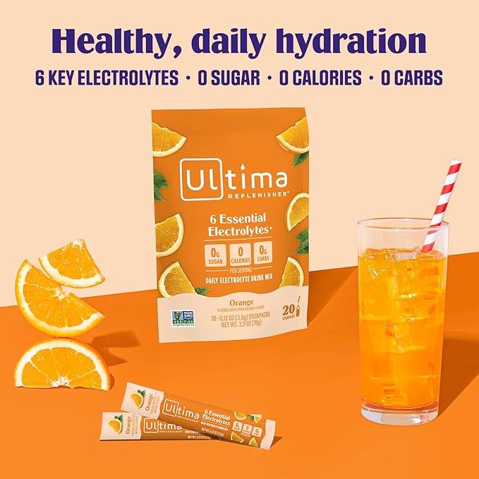 Ultima Replenisher Daily Electrolyte Powder Drink Mix ?“Sugar Free ??Orange, 20 Stickpacks ??Hydration Packets with 6 Key Electrolytes and Trace Minerals ??Keto Friendly, Vegan, Non-GMO