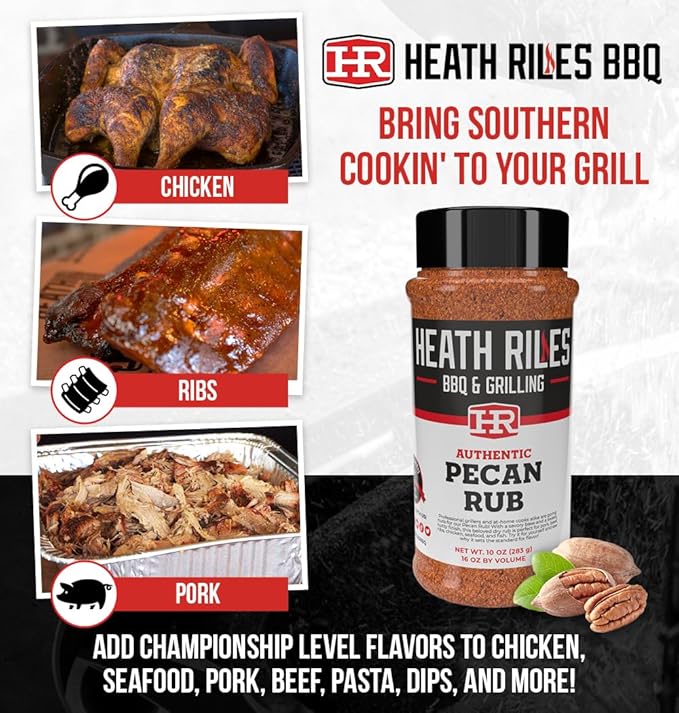 Heath Riles BBQ Rub - Pecan Seasoning, Champion Pitmaster Recipe, Legendary Rubs For Smoking & Grilling, 70+ BBQ Championships, 10 oz.