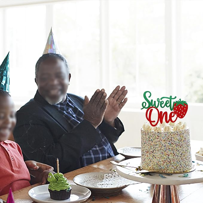 1 Pack Sweet One Cake Topper Glitter First Birthday Strawberry Cake Pick for Fruit Baby Shower 1st Birthday Berry Sweet Party Cake Decoration Supplies Green