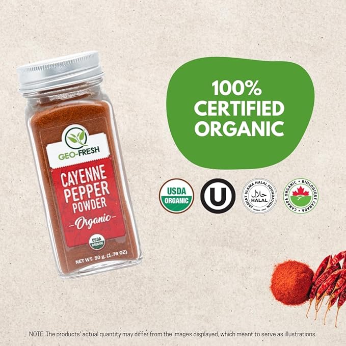Geo-Fresh Organic Cayenne Pepper Powder, 1.76 oz (50g) ??Spicy & Aromatic Cayenne Chili Powder Organic ??Pure Ground Red Pepper Powder ??USDA Certified Organic ??Non-GMO ??Kosher ??Gluten-Free ??Product of India