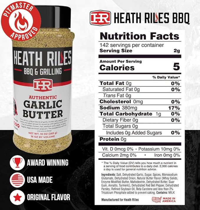 Heath Riles BBQ Rub - Garlic Butter Seasoning, Champion Pitmaster Recipe, Legendary Rubs For Smoking & Grilling, 70+ BBQ Championships, 2 lb./32 oz.