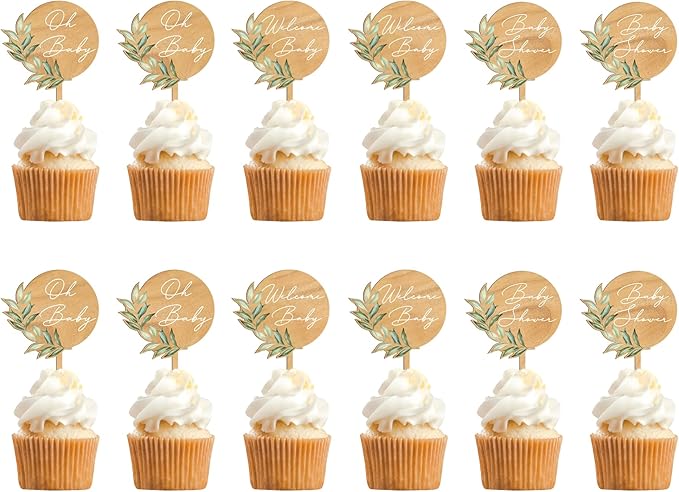 12 PCS Baby Shower Party Cupcake Toppers Oh Baby Cake Cupcake Decorations in Wood (Design B)