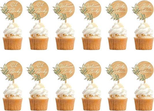 12 PCS Baby Shower Party Cupcake Toppers Oh Baby Cake Cupcake Decorations in Wood (Design B)