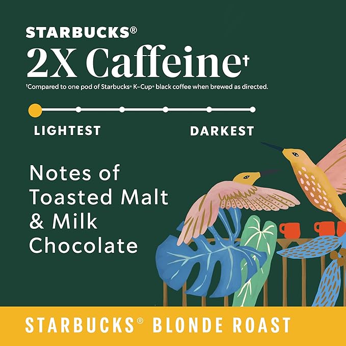 Starbucks K-Cup Coffee Pods, Starbucks Blonde Roast Coffee With 2X Caffeine Veranda Blend For Keurig Brewers, 100% Arabica, 6 Boxes (60 Pods Total)
