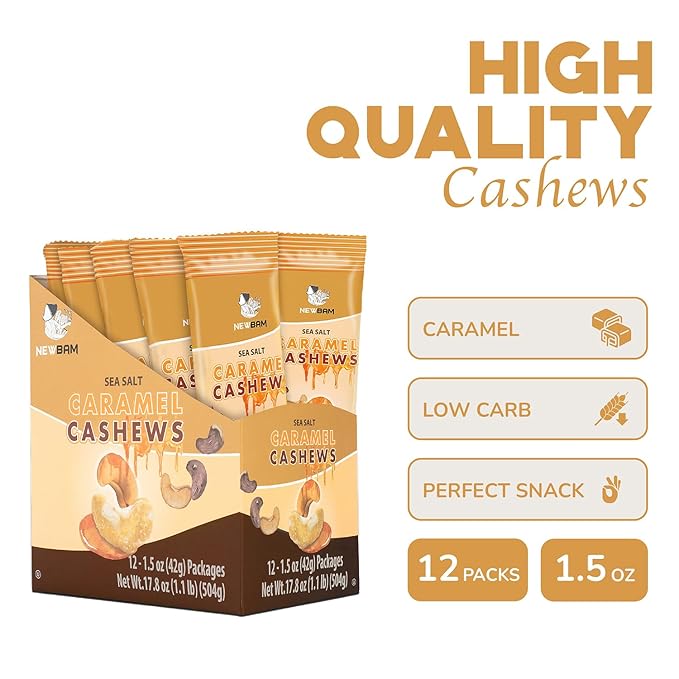 NEWBAM Sea Salt Caramel Cashews Individual Packs - 12 Cashew Snack Packs Roasted Nuts (1.5oz Each) ??Keto, Vegan, Gluten-Free - Healthy Snacks for Trail Mix, Office, or Party - Lightly Salted, Sweet Tasty
