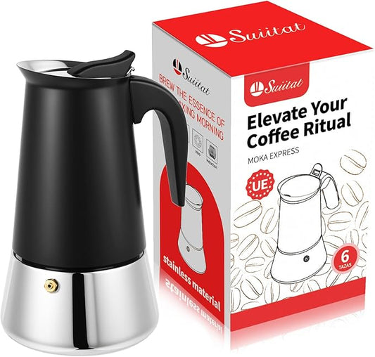 Moka Pot, 6 Cups (10.6 oz) Stovetop Espresso Maker, 304 Stainless Steel Moka Pot, Induction Compatible, Black