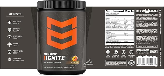 MTN OPS Ignite Energy Drink Powder, Gluten Free Nootropic Supplement Drink Mix, L Arginine, L Citrulline, Caffeine & Nootropic Sugar Free Drink Mix, 45 Servings, Peach Zing