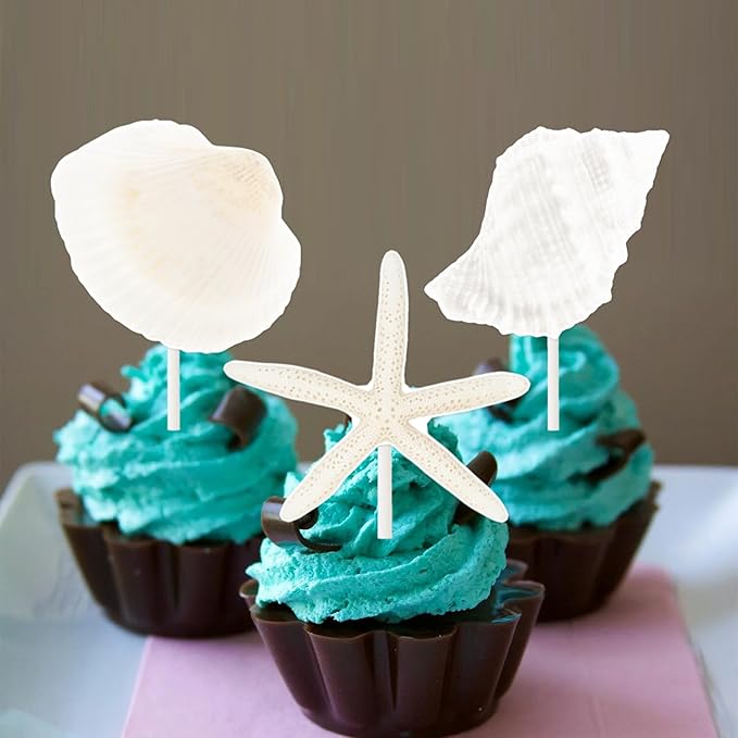 Starfish Sea Shell Cupcake Toppers 24PCS Coastal Beach Cake Decorations Seashell Starfish Cupcake Picks Ocean Nautical Party Decorations for Summer Theme Under The Sea Baby Shower Supplies
