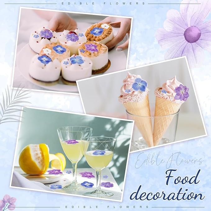96 Pcs Natural Dried Pressed Edible Flowers for Cake Topper Decorating Cupcake Toppers Cocktails Resin Jewelry Making DIY Art Crafts(Blue,Flower Style)