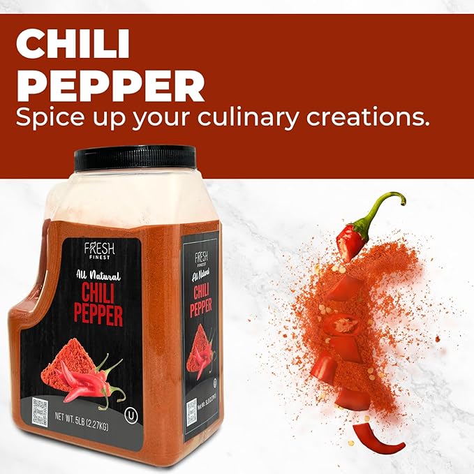 Fresh Finest Bulk Spices Commercial and Home Cooking 5 LB Chili Powder - Red Pepper Seasoning, Freshly Packed at the Source Non-GMO, Ground Red Chili Best for Stews, Meat Rubs, Salsa, and More - 5 LB