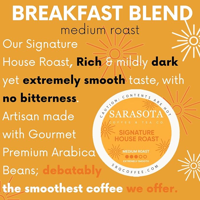 Sarasota K-Cup Coffee Pods | Medium Roast Coffee | Breakfast Blend | Single Serve for Keurig Brewers | Gourmet, Low Acid, Mold Free | 24 Count