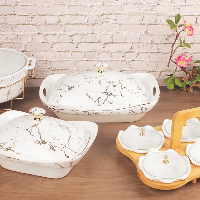 9" x 6.5" Ceramic Casserole Dish with Lid, 34 Ounce Serving Soup Tureen,Chafing Dish for Buffet, Family Food Tray, Catering Casserole for Party, Oven, microwave and dishwasher safe,Small sizes