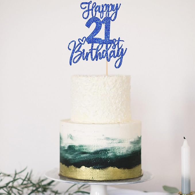 ZHUOWEISM 1 PCS Blue Glitter Cake Topper, Happy 21st Birthday, Cheers to 21 Years, 21 Fabulous, for Birthday Anniversary Party Decorations Supplies