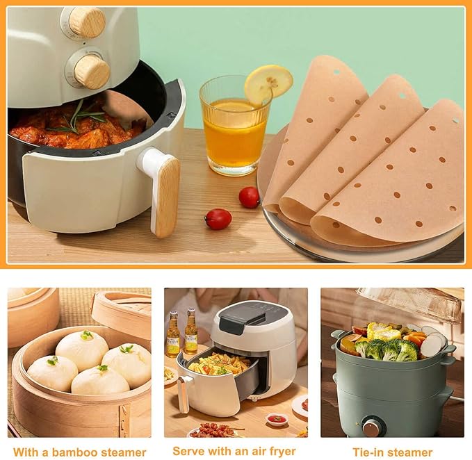 Air Fryer Parchment Paper, 9 Inch Round Liner, 200PC Unbleached Filter Paper for Air Fryers (100 Perforated and 100 Imperforate), Non-Stick Baking Paper