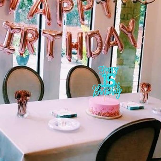 1 PCS Happy 15th Birthday Cake Topper Glitter Cheers to 15 Years Birthday Cake Pick Sweet 15 Fabulous Cake Decoration for Happy 15th Birthday Anniversary Theme Party Decorations Supplies Blue