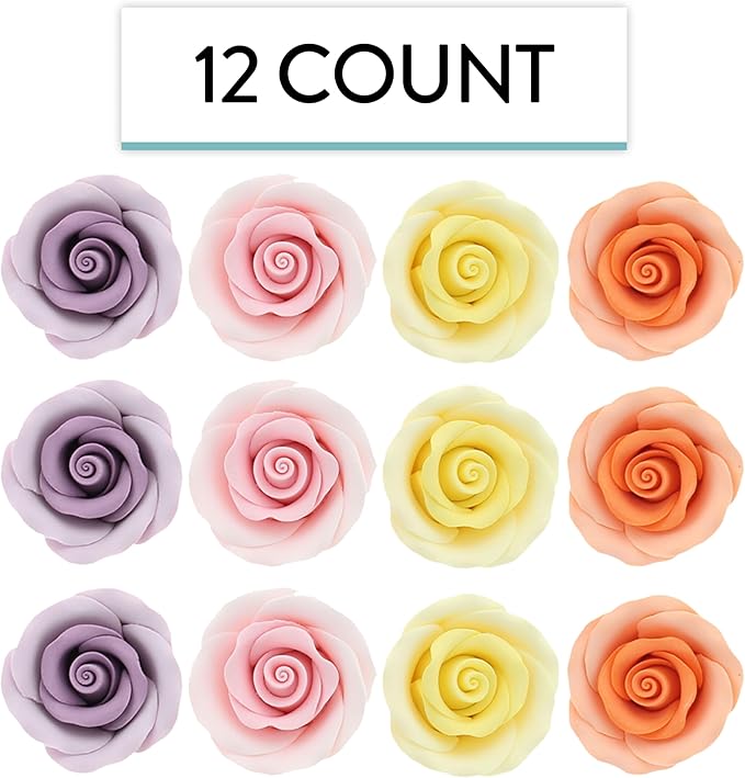 Global Sugar Art Premium Edible Roses, Assorted Spring Colors, Unwired, Medium 1.5 inches, 12 Count by Chef Alan Tetreault