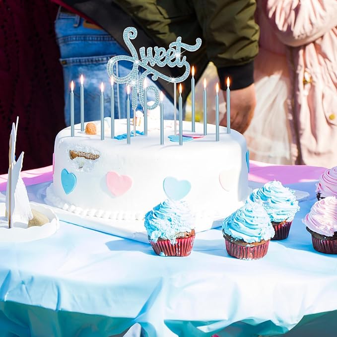 Tondiamo Sweet 16 Birthday Decorations Rhinestone Sweet 16 Cake Toppers 20 Pcs Metallic Happy Birthday Candles 16 Cake Decorations for Cupcake Decor (Blue)