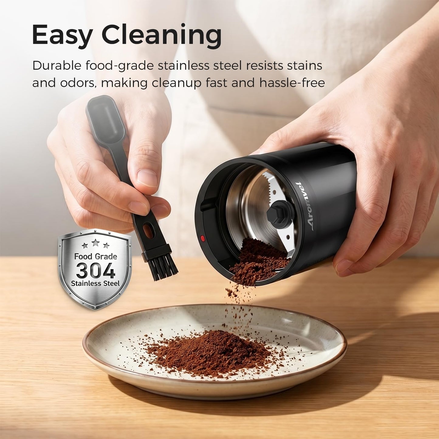 Aromvel Electric Coffee Grinder, 2-in-1 Cleaning Brush & Scoop, Safety Lid