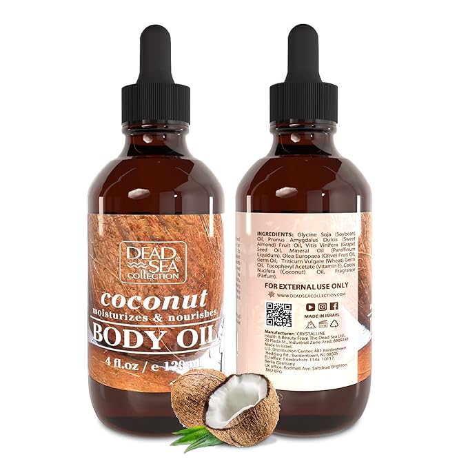 Dead Sea Collection Body Oil for Dry Skin- Scented Coconut ??Vitamin E Moisturizing & Nourishing, Anti-Aging & Skin Elasticity Support for Face Pack of 2 (4 Fl. Oz Each)