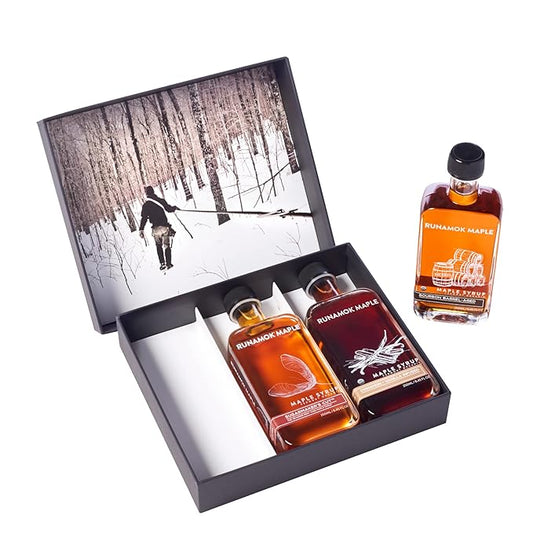 Runamok Maple Syrup Gift Box | Best Sellers Collection | Special Present For Holidays | Bourbon Barrel-Aged, Cinnamon-Vanilla & Sugarmaker's Cut | 3 Bottles of Real Maple Syrup | 8.45 Fl Oz (250mL)