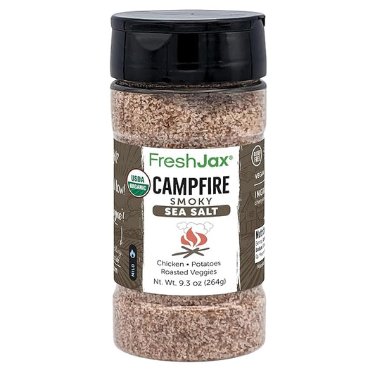 FreshJax Organic Campfire Smokey Sea Salt | 9.3 oz Large Bottle | Smoked Sea Salt with Chipotle Pepper | Non-GMO, Gluten-Free, Keto, Paleo, Vegan | Gourmet Seasoning for Meat, Veggies, Fish & Popcorn