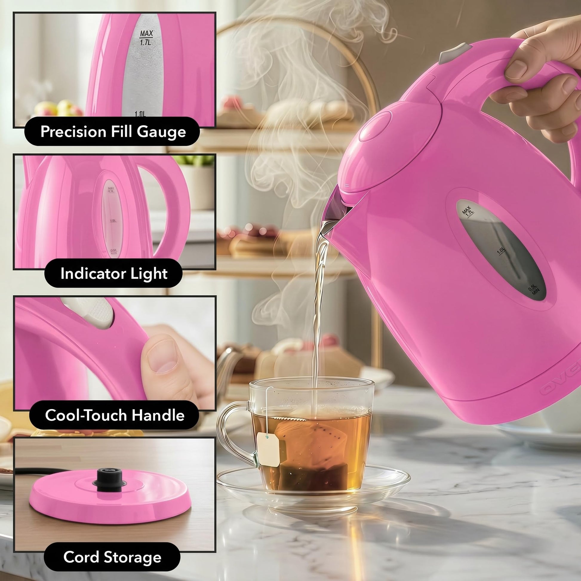 OVENTE 1.7L Electric Kettle with 1100W Fast Boiling Water, Pink KP72P