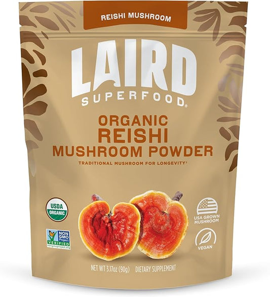 Laird Superfood Organic Reishi Mushroom Powder for Immune Support and Stress Relief, 3.17 oz. Bag