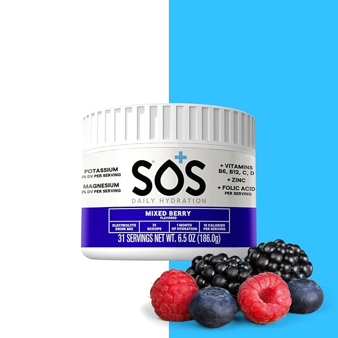SOS Hydration Electrolyte Drink Mix (31 Servings) ??Low Sugar, 15 Calorie, Keto-Friendly & Rapid Rehydration (31 Servings, Mixed Berry)