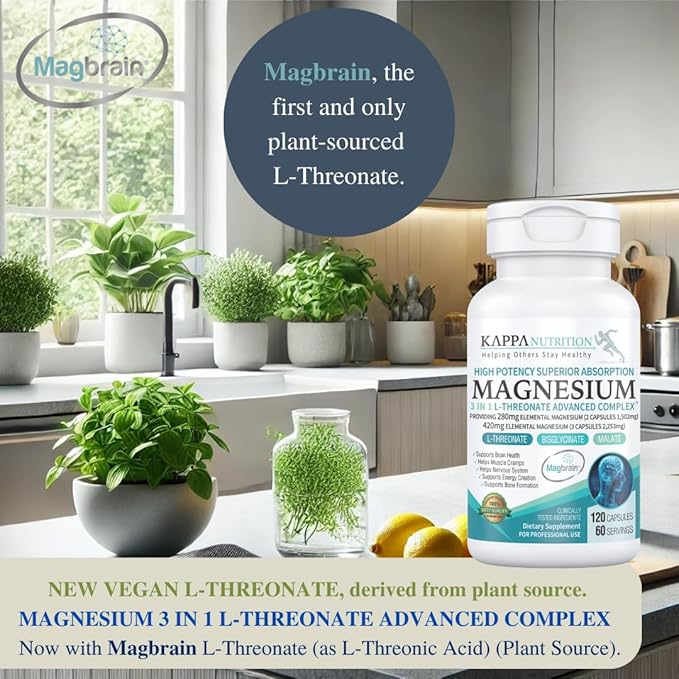 Kappa Nutrition Magbrain??Magnesium L-Threonate Plant-Based, 420mg Elemental Magnesium (3 Capsules) from 2,253mg, 120 Vegan Capsules, Brain, Sleep & Muscle Support.