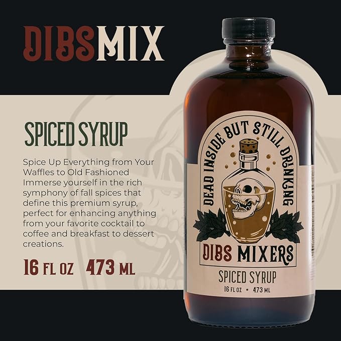Dibs Mixers Spiced Syrup - Fall Spice Blend for Cocktails, Coffee, Pancakes & Desserts - With Cinnamon, Clove, Nutmeg & More - 16oz