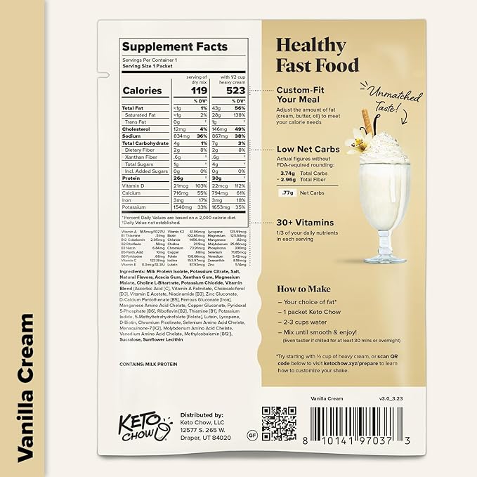 Keto Chow Vanilla Cream - Keto Meal Replacement Shake Powder - Nutritionally Complete - Low Carb - Delicious Easy Meal Substitute - Protein Rich & Dairy Free - 21 Meal Serving