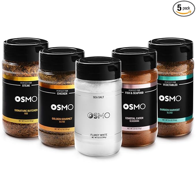 Osmo Seasonings and Sea Salt Bundle, Flakey White Sea Salt, Signature Butcher Rub, Golden Gourmet Blend, Coastal Catch Seasoning & Garden Harvest Blend (Pack of 5)
