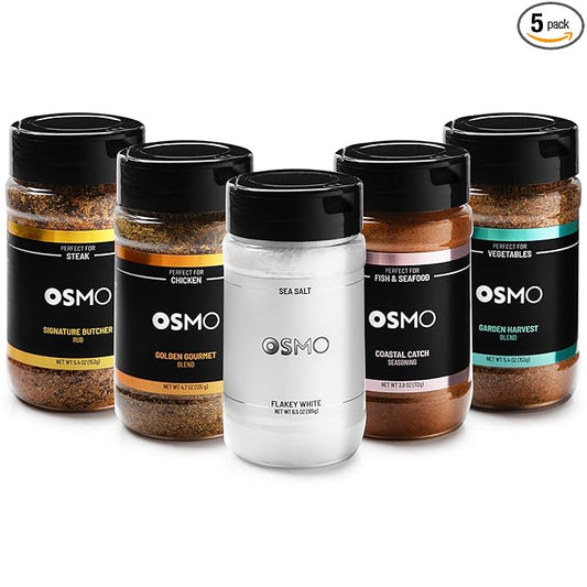 Osmo Seasonings and Sea Salt Bundle, Flakey White Sea Salt, Signature Butcher Rub, Golden Gourmet Blend, Coastal Catch Seasoning & Garden Harvest Blend (Pack of 5)