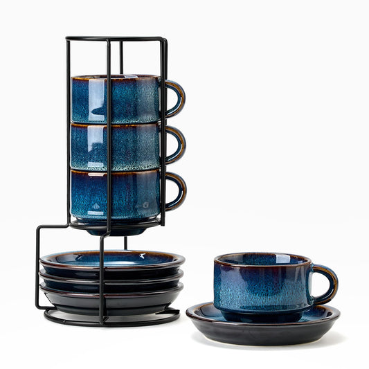 JIEMEI HOME Porcelain Stackable Cappuccino Cups with Saucers and Metal Stand, 7 Ounce Espresso Cups