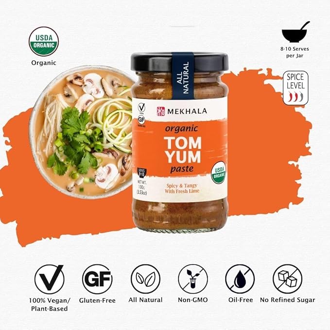 Mekhala Organic Thai Tom Yum Asian Cooking Paste. VEGAN. GLUTEN-FREE. Versatile. Medium Heat (6x3.53oz)