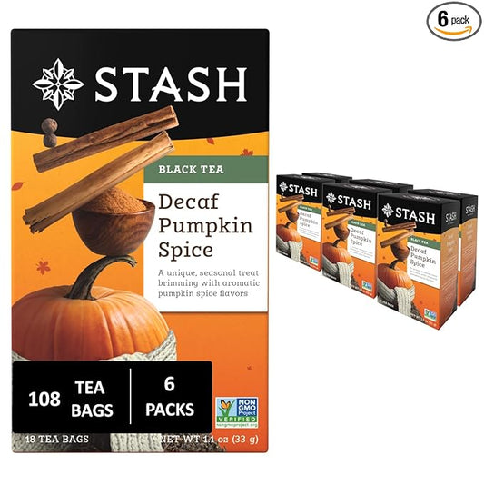 Stash Tea Decaf Pumpkin Spice Black Tea - Decaf, Non-GMO Project Verified Premium Tea with No Artificial Ingredients, 18 Count (Pack of 6) - 108 Bags Total