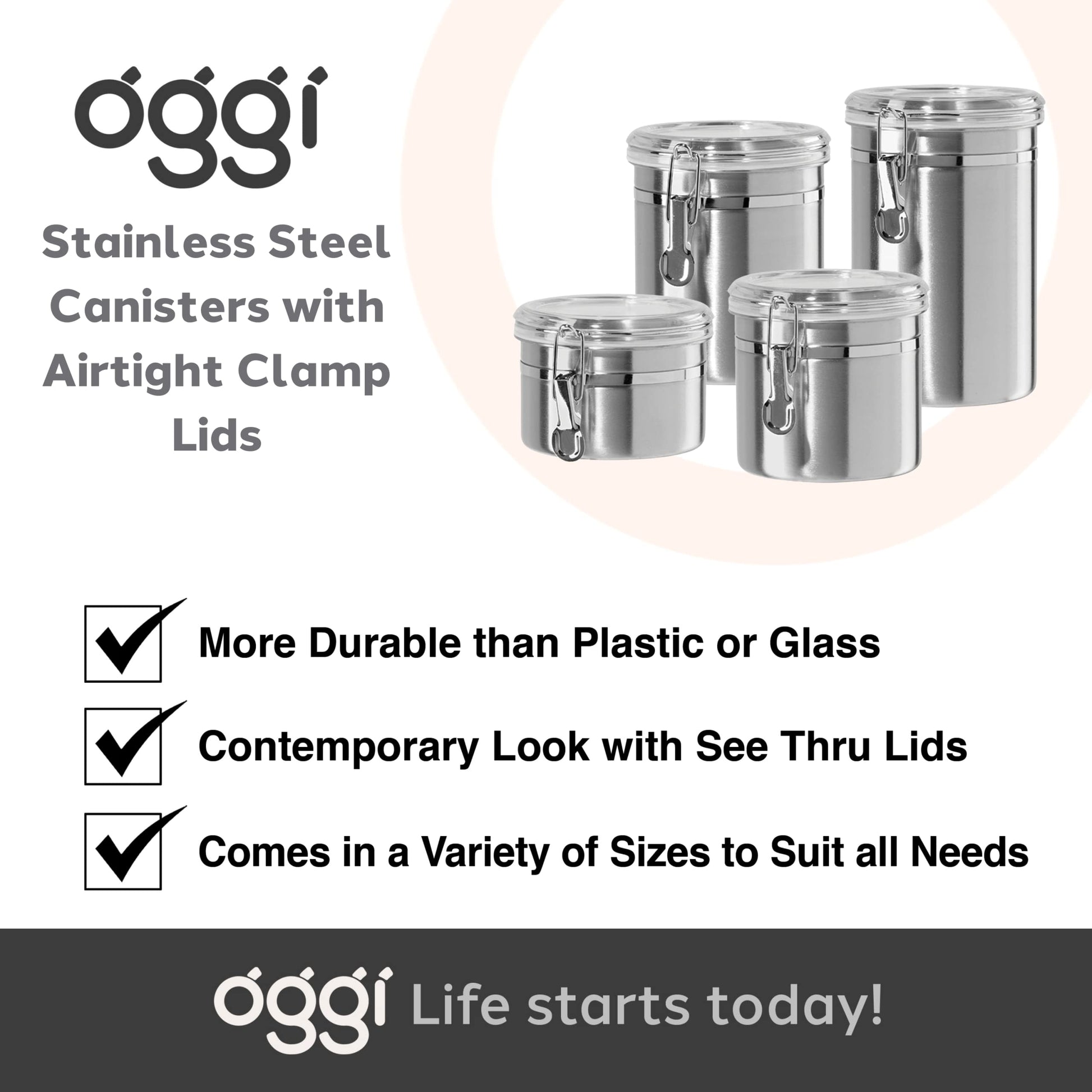 Oggi Set of 4 Stainless Steel Kitchen Canisters - Airtight Clamp Lid, Clear See-Thru Top - Ideal