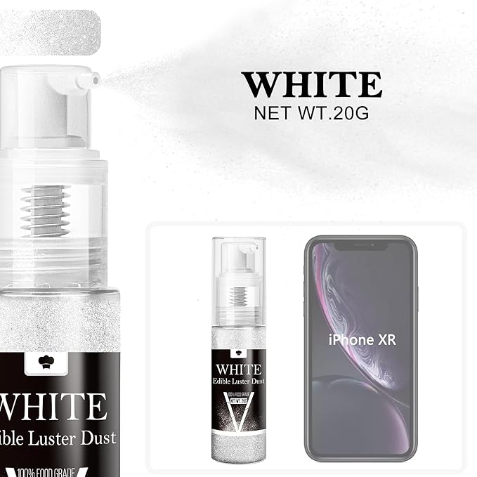 Edible Glitter Spray - 20g Luster Dust Edible Glimmer Powder for Sparkling Cocktails, Cake, Cupcakes, Wine, Beverage - Food Grade Shimmer Dust Powder for Baking, Drinks, Cookies Decoration (White)