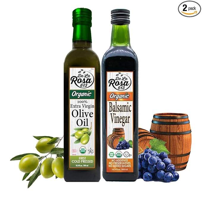 De La Rosa Organic Balsamic Vinegar & Organic Extra Virgin Olive Oil, 100% Pure, Vegan, Kosher, Non-GMO & Gluten Free, Great for Salad Dressings, Marinades & More 16.9 Oz (Pack of 2)