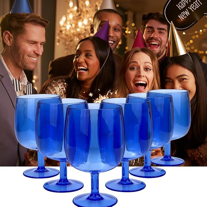 Yalin Set of 6 Unbreakable 12 oz Acrylic Plastic Wine and Water Tumbler Stackable Goblets. (Blue, 12 oz)