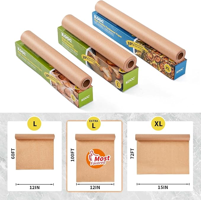 KOOC Premium 72-Feet Parchment Paper Roll - 15-Inch Width, Non-Stick, Unbleached Baking Paper - Ideal for Baking, Cooking, and Food Preparation - 90 Square Feet Coverage - Compostable, High Density