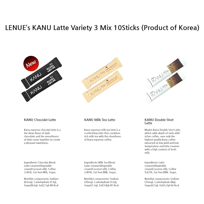 KANU Latte - Korean Maxim 3 in 1 Instant Coffee Variety Sample Packets with Gift Box Set, Camping Essentials, KANU Latte 3 Mix Combination 10 Sticks