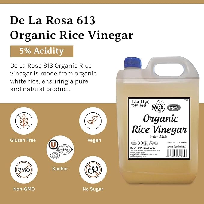 De La Rosa Organic Rice Vinegar 5% Acidity, Kosher, Rice Vinegar for Cooking, Sushi, Salad Dressings and More | Sugar-Free Rice Vinegar - 5 Liter (Pack of 1)