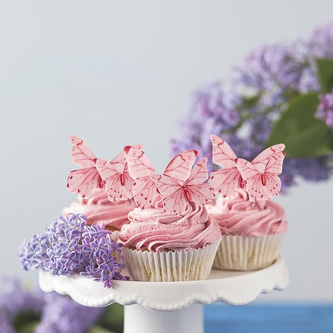 40 Pack Edible Butterfly Cake Decorations, Cupcake Toppers, Birthday Party Decorations for Wedding, Anniversary, Flower Themed Party - Pink