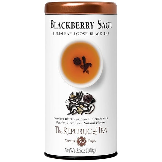 The Republic of Tea Blackberry Sage Full-Leaf Loose Black Tea, 3.5 oz Tin | Steeps 50 Cups