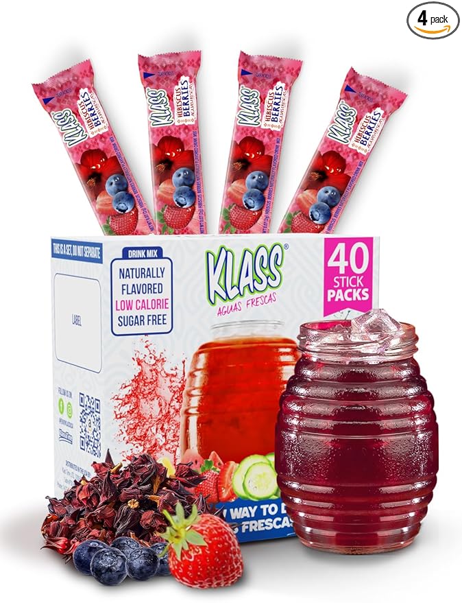 Klass Aguas Frescas | Drink Mix Hibiscus Berries | Sugar Free! (Pack of 4, 40 Count Powder Stick Packs)