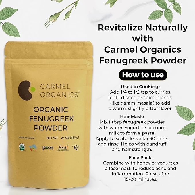 CARMEL ORGANICS Fenugreek |Methi Seeds (Powder, 24 Ounce or 1.5 Lbs)(Pack of 1) | USDA Certified Organic | Non-Gmo | No Added Preservatives | Indian Origin Fenugreek Seeds