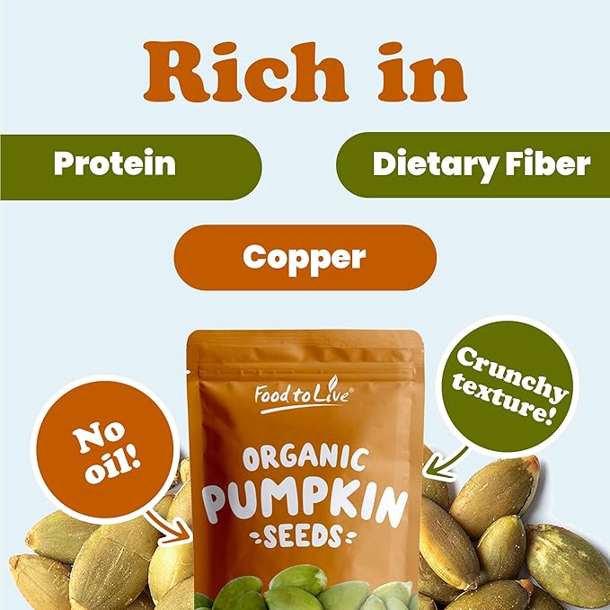 Food to Live Organic Dry Roasted Pumpkin Seed Kernels with Himalayan Salt, 2 Pounds Non-GMO, Oven Roasted Whole Pepitas, No Oil Added, Shelled, Vegan, Kosher, Bulk